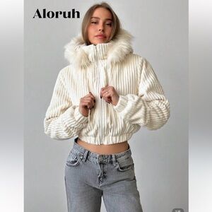Women's Size Medium Aloruh Cream Corduroy Fur-Trimmed Jacket from SHEIN